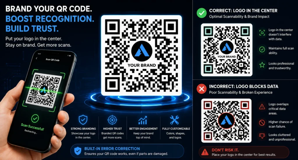 QR code logo customization banner showing branded QR code with centered logo, scan testing, error correction levels, and design best practices