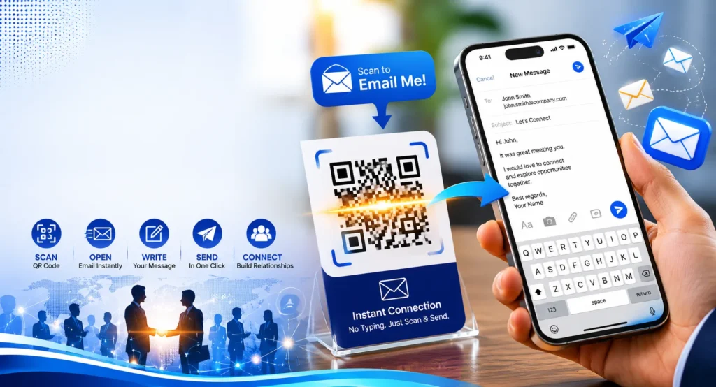 Email QR code banner showing smartphone scanning a QR code that instantly opens an email compose window with recipient details prefilled