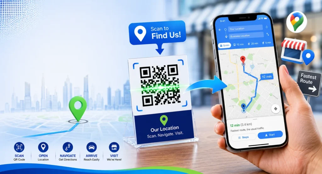 Google Maps QR code banner showing smartphone scanning a QR code that instantly opens a business location in Google Maps with navigation directions