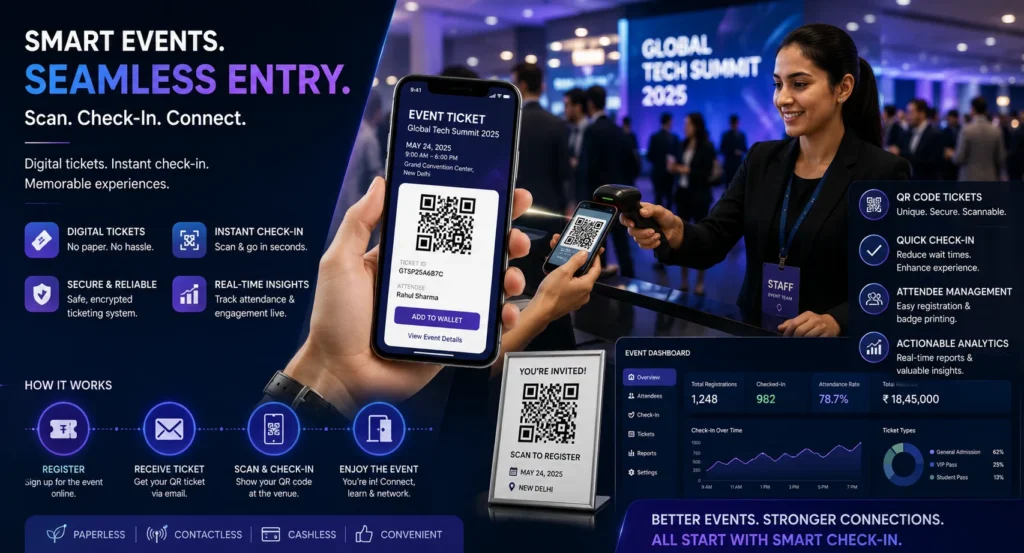 Event QR code banner showing digital event tickets, smartphone scanning QR codes, attendee check-in system, and event registration management