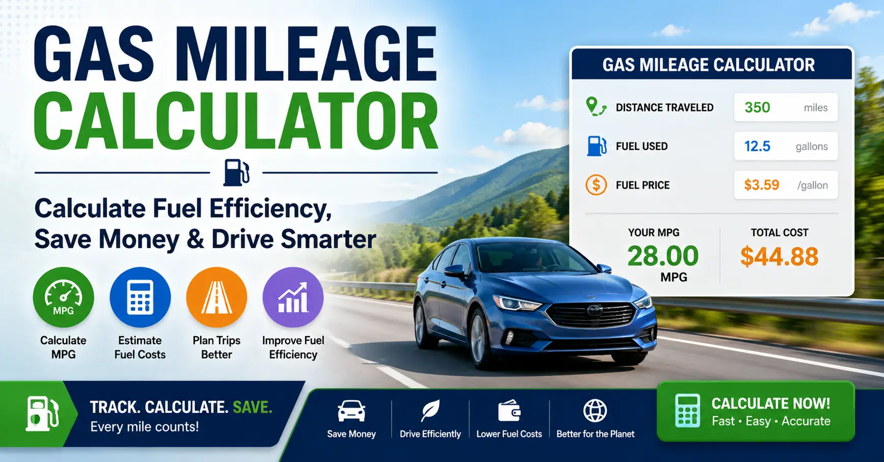 Gas mileage calculator banner showing fuel efficiency calculator, MPG tracking dashboard, blue car on highway, and fuel cost estimation infographic