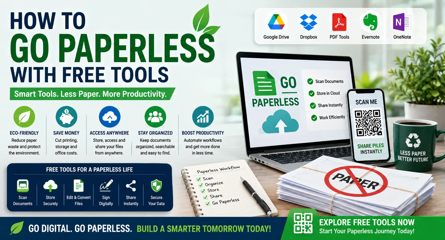 How to go paperless banner showing digital document management, cloud storage, QR code sharing, and eco-friendly paperless workflow illustration