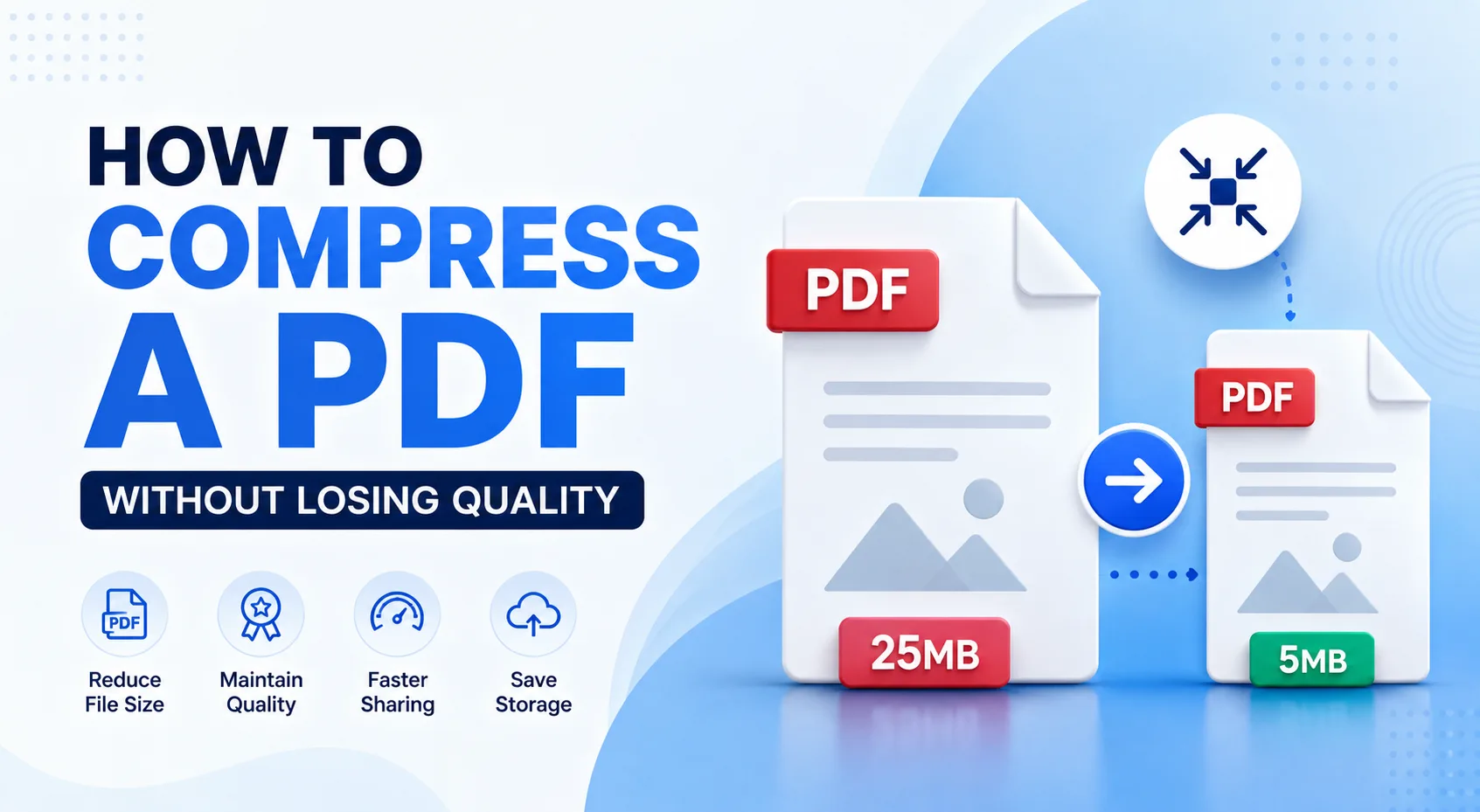 How to compress a PDF without losing quality banner showing large PDF file reduced from 25MB to 5MB with file compression icons and modern blue gradient design