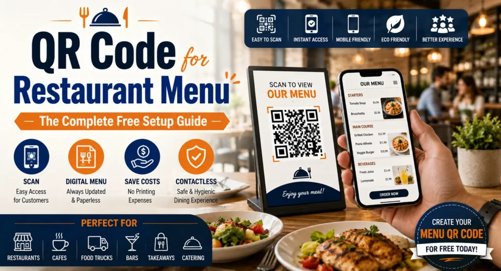 Restaurant menu QR code banner showing customers scanning digital menus with smartphones in a modern restaurant setting