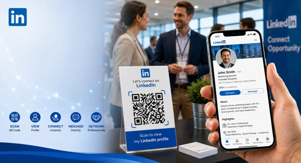 LinkedIn profile QR code banner showing professionals networking, smartphone scanning a LinkedIn QR code, and instant profile sharing