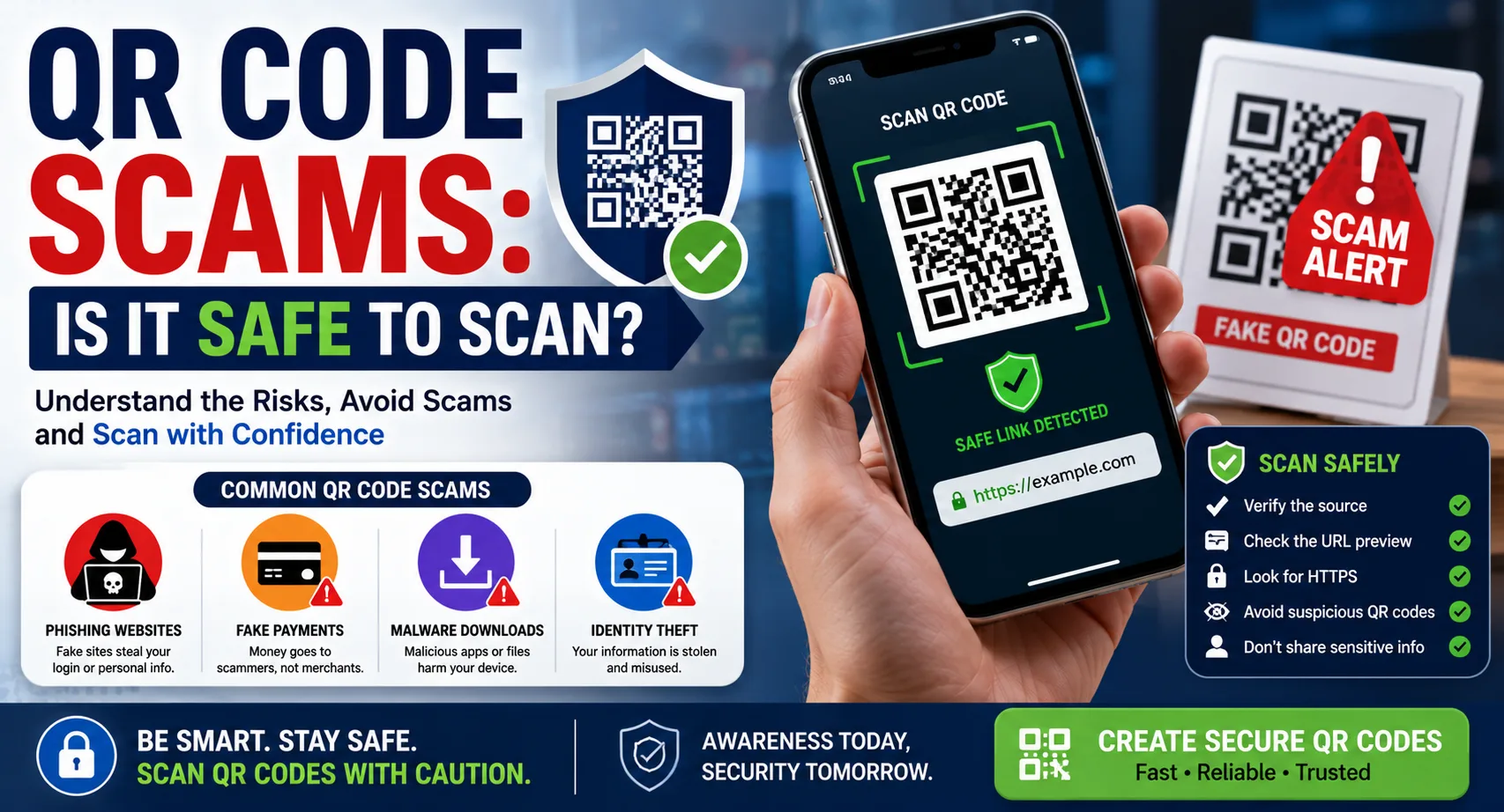QR code scams banner showing fake QR warning signs, smartphone QR scanning, phishing alerts, and secure QR code safety infographic