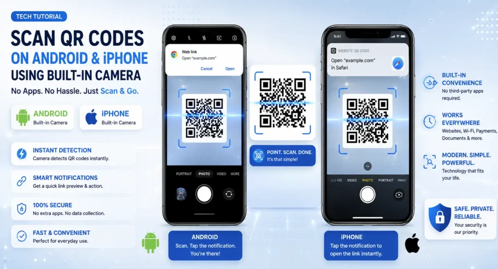 Smartphone camera scanning a QR code without a QR scanner app, showing built-in QR code detection on Android and iPhone