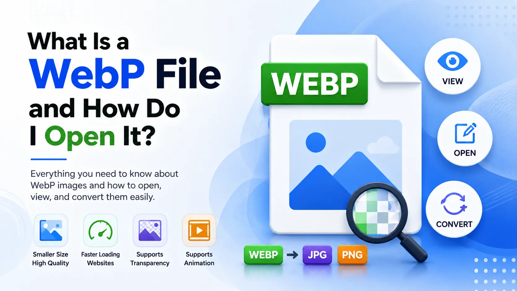 What is a WebP file banner showing WebP image format, image conversion icons, and modern illustration explaining how to open and convert WebP files