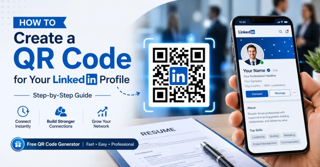 Professional networking banner showing LinkedIn profile QR code being scanned on a smartphone during a business networking event