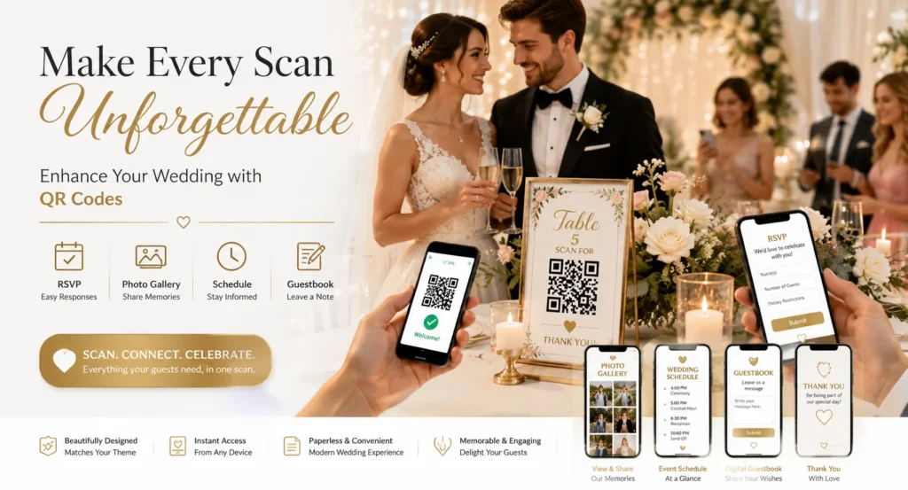 Wedding QR code banner featuring bride and groom, guests scanning QR codes for RSVPs, photo sharing, digital menus, and wedding information