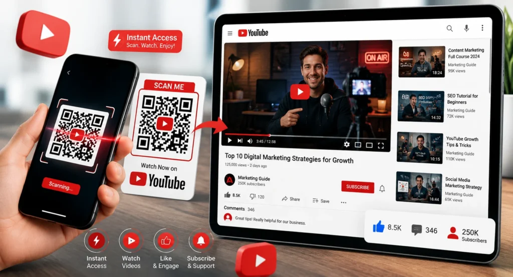 QR code logo customization banner showing branded QR code with centered logo, scan testing, error correction levels, and design best practices