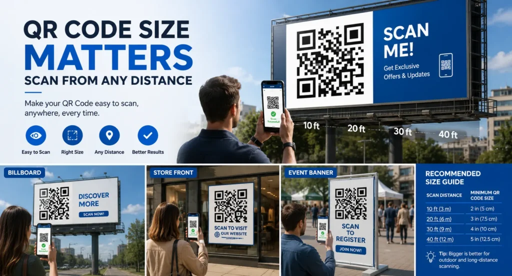 Large outdoor QR code on billboard being scanned from a distance by smartphone users, demonstrating optimal QR code size and visibility